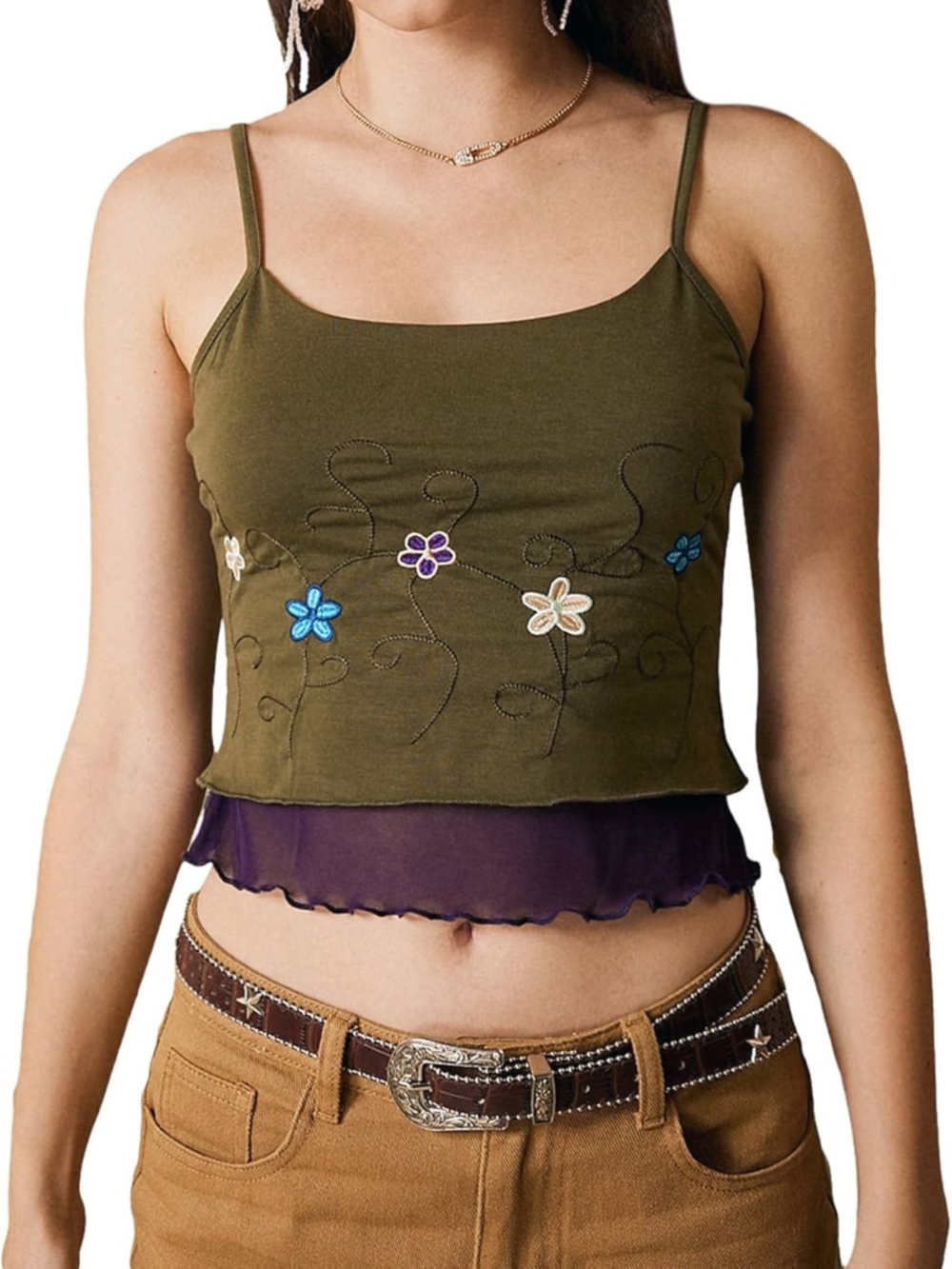 green and purple floral embroidered mesh tank top